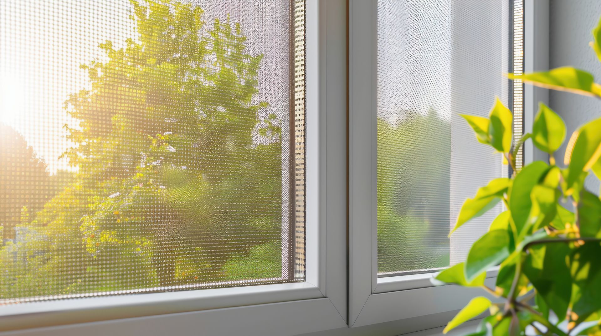 Fenêtre ensoleillée avec un arbre à l'extérieur et une plante verte d'intérieur sur le rebord.