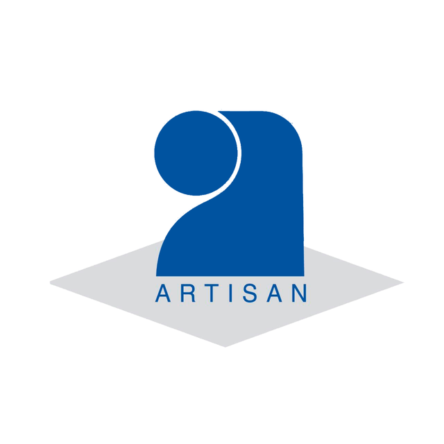 Logo bleu ARTISAN avec une figure stylisée au-dessus d'un losange gris.