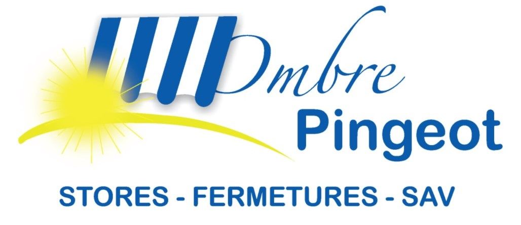 Logo Ombre Pingeot avec soleil jaune et texte bleu: magasins, volets, service