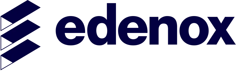 Logotipo de Edenox, una marca denominativa con un elemento gráfico azul oscuro.