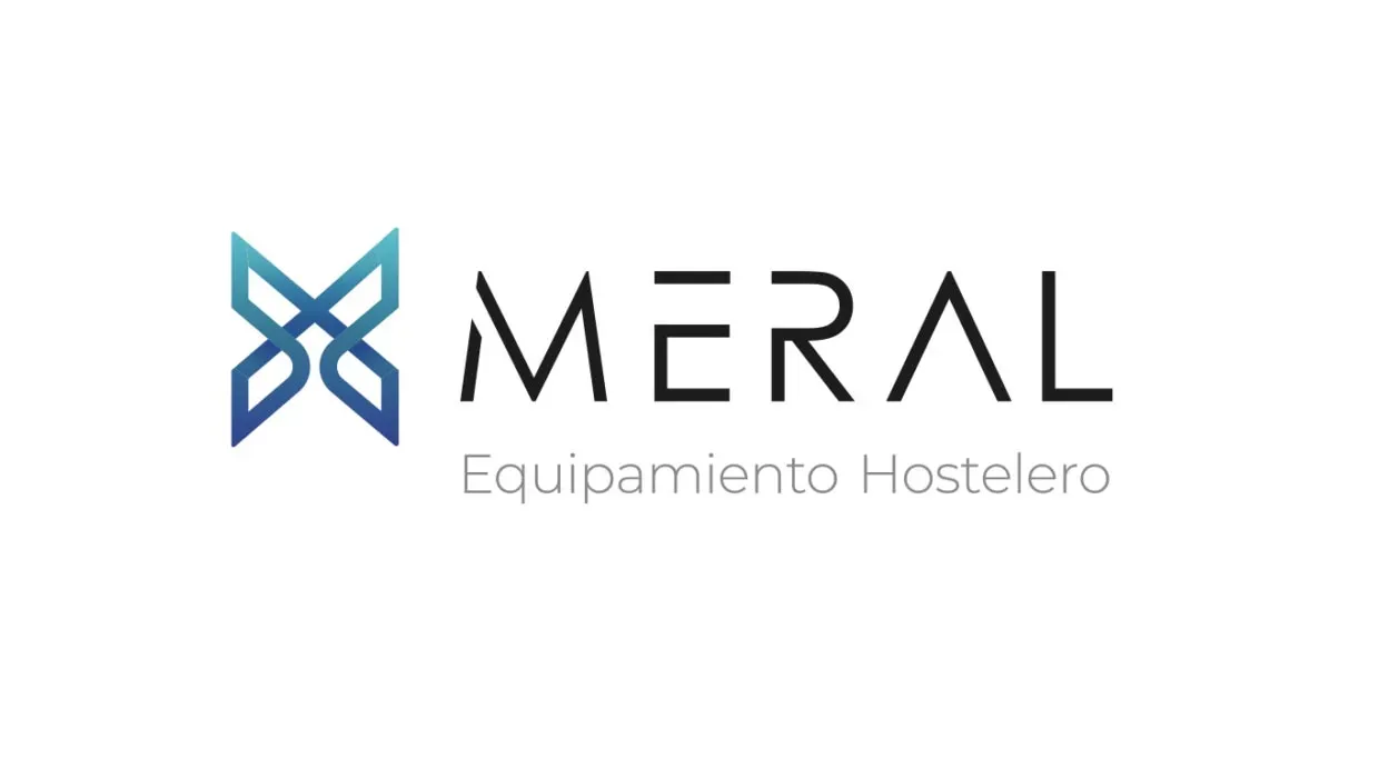 Logo with abstract blue emblem and "MERAL Equipamiento Hostelero" text.
