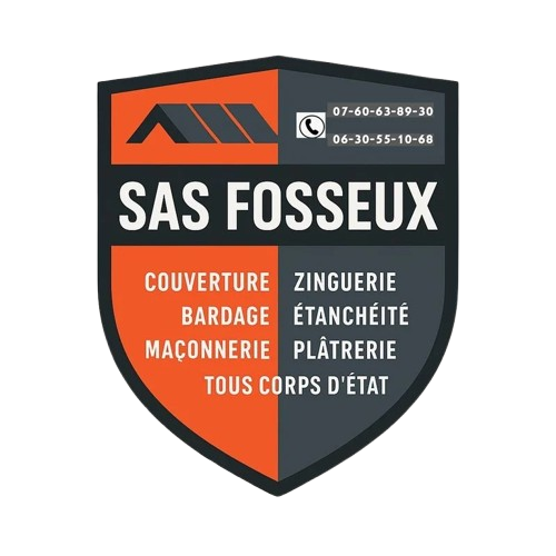Vers la page d'accueil Logo pour SAS FOSSEUX, une entreprise de construction, comprenant un bouclier avec un graphique de toit, des coordonnées et des services.
