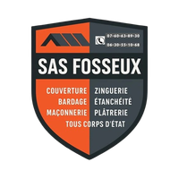 Vers la page d'accueil Logo pour SAS FOSSEUX, une entreprise de construction, comprenant un bouclier avec un graphique de toit, des coordonnées et des services.