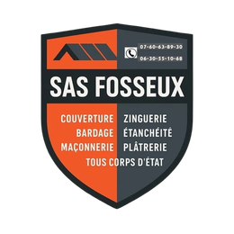 Vers la page d'accueil Logo pour SAS FOSSEUX, une entreprise de construction, comprenant un bouclier avec un graphique de toit, des coordonnées et des services.
