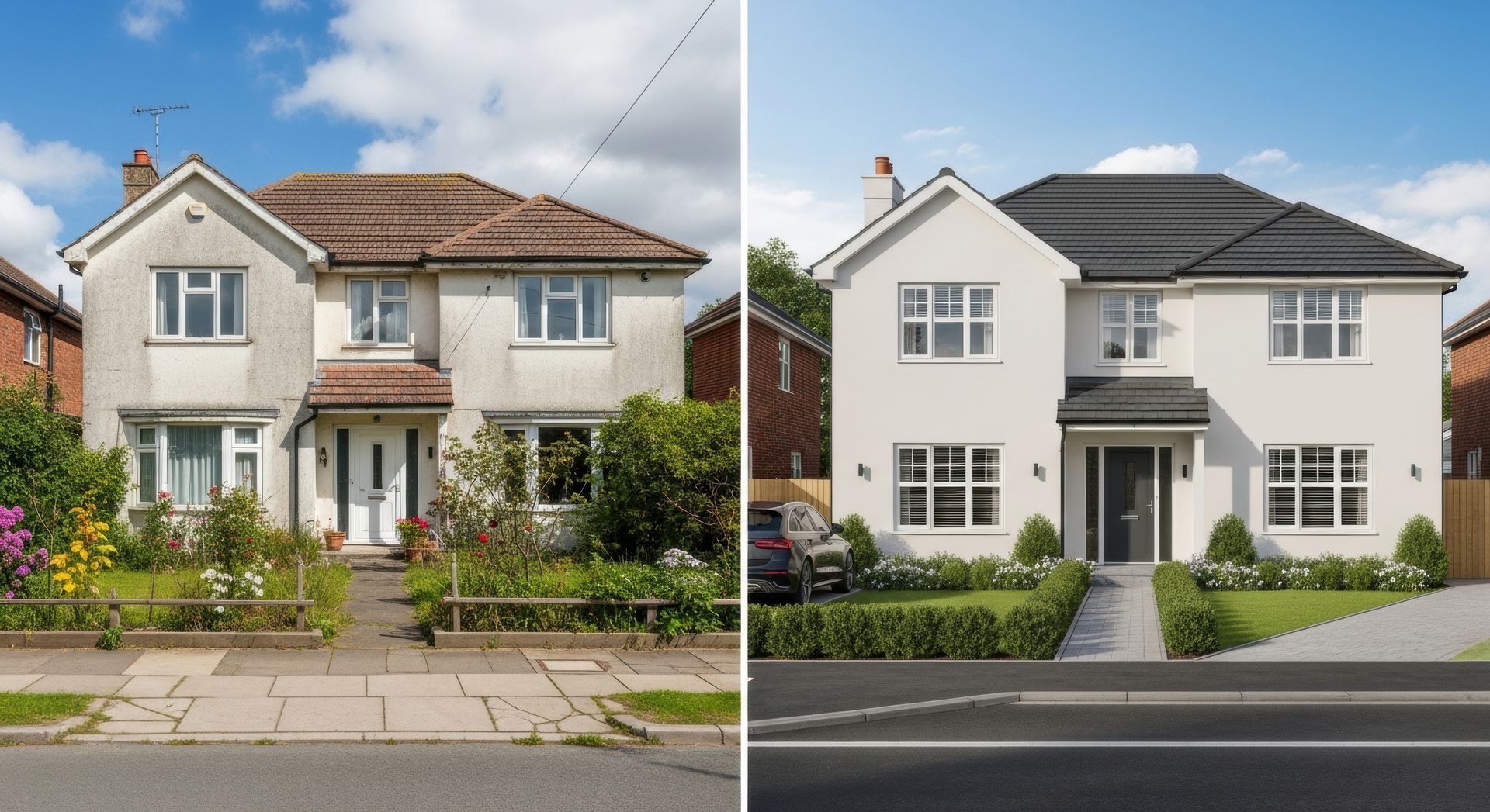 Avant et après rénovation extérieure maison : ancienne maison blanche avec jardin, nouvelle maison blanche avec toiture grise, haies taillées.