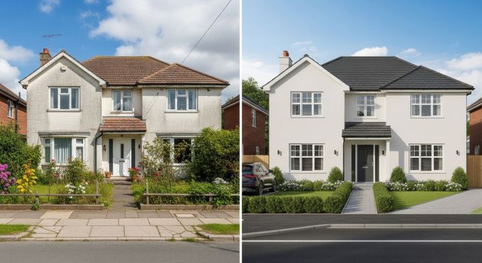Avant et après rénovation extérieure maison : ancienne maison blanche avec jardin, nouvelle maison blanche avec toiture grise, haies taillées.