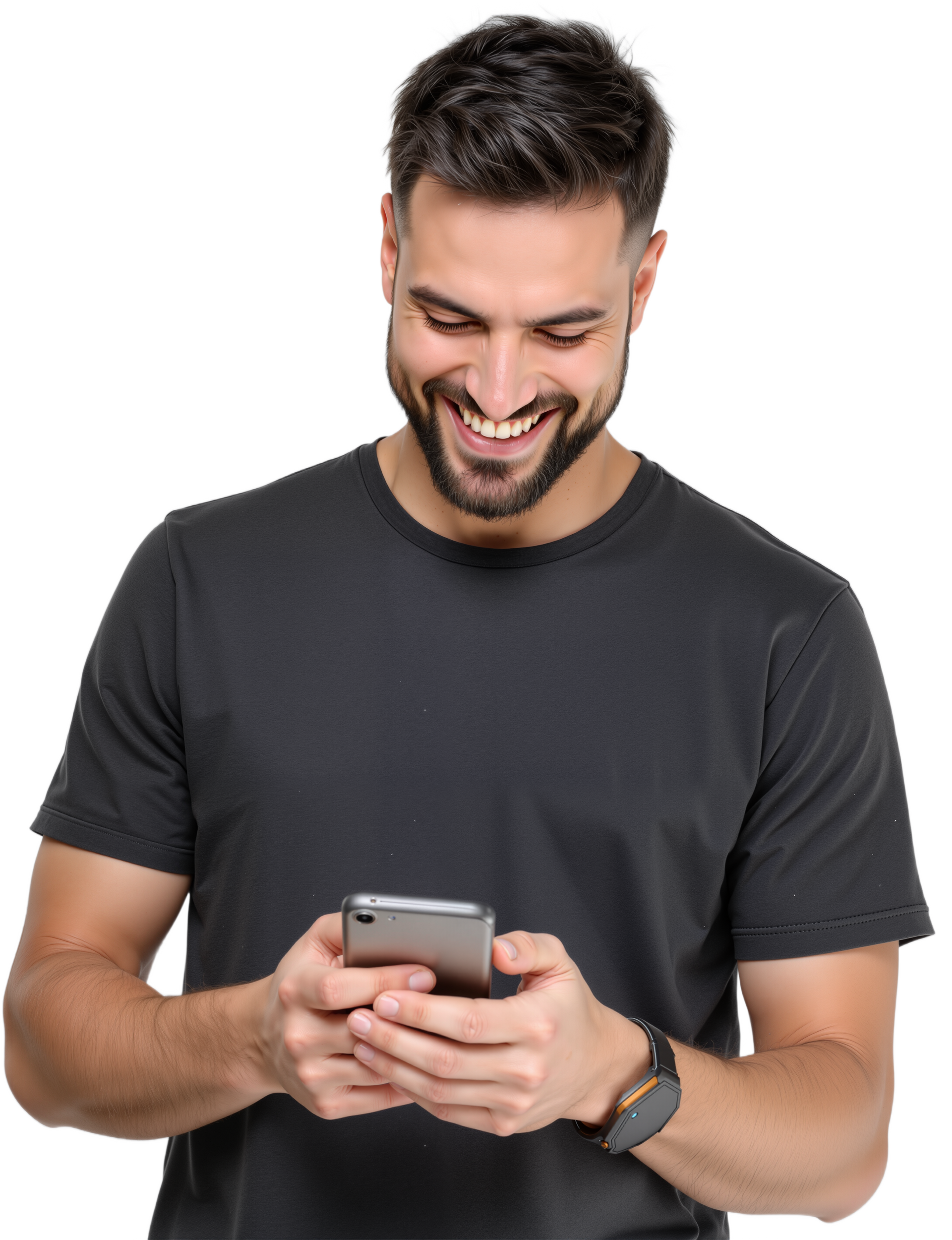 Un homme avec un tee-shirt noir qui sourit en regardant son téléphone