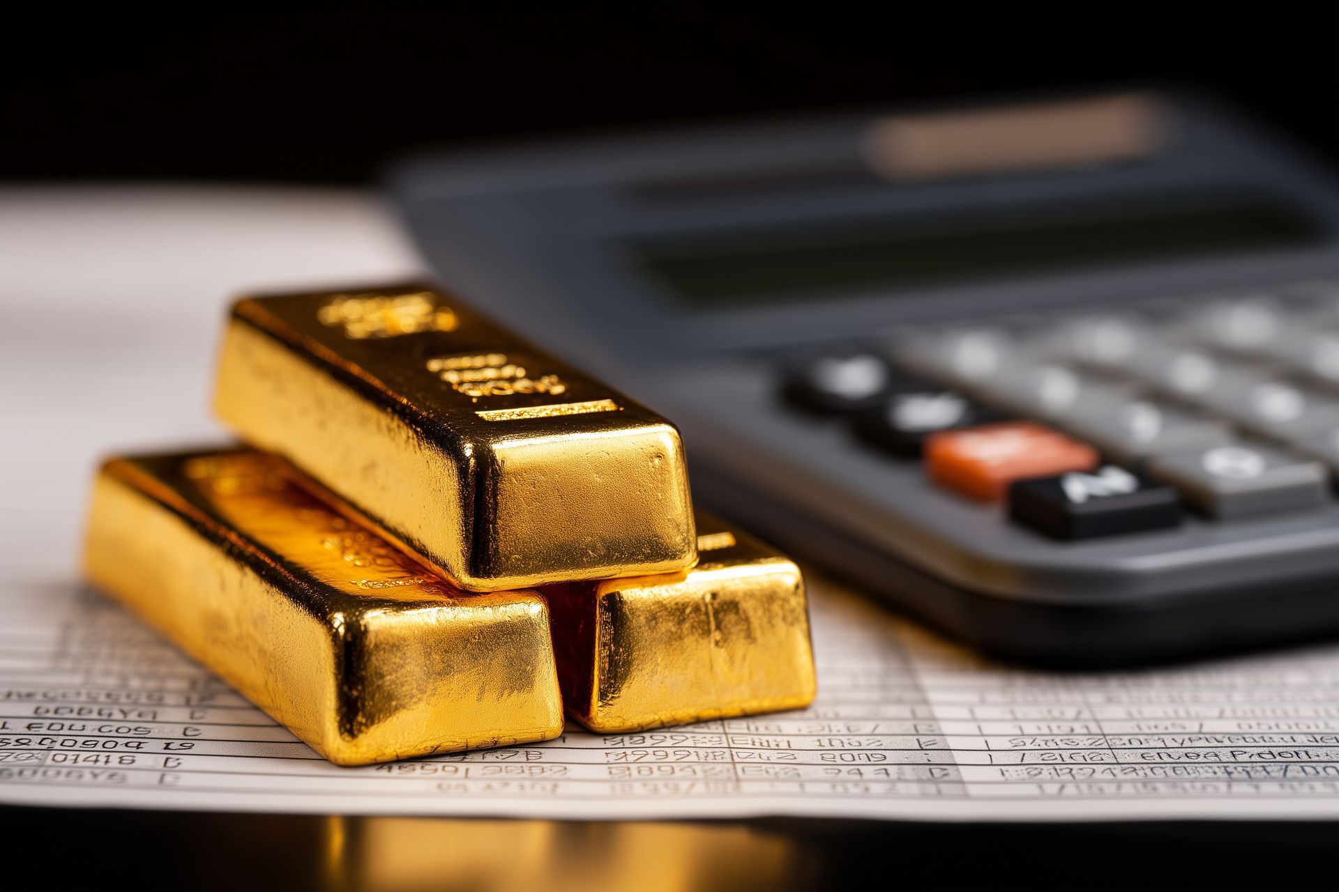 Des lingots d'or et une calculatrice sur un bureau