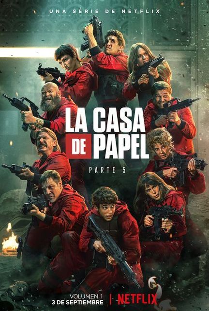 La Casa de Papel: Un grupo de personas con monos rojos, portando armas, en un ambiente sombrío al aire libre.