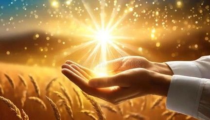 Des mains qui enveloppent une lumière éclatante au-dessus d'un champ de blé au lever du soleil