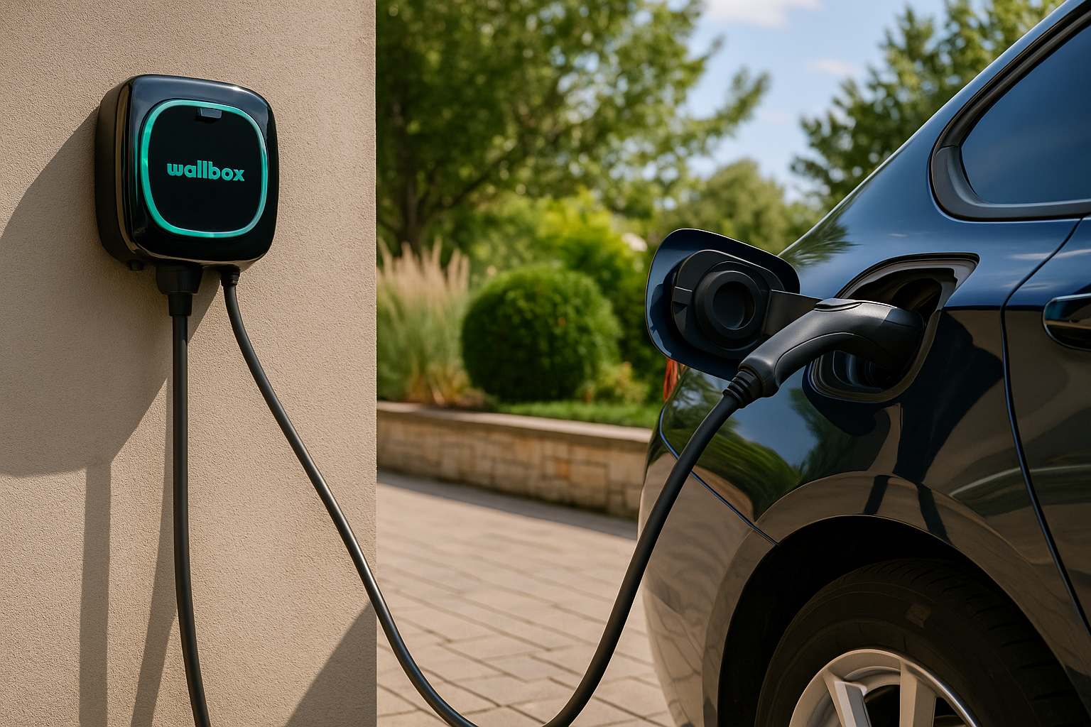 Une voiture électrique noire est en cours de recharge dans une borne de recharge.