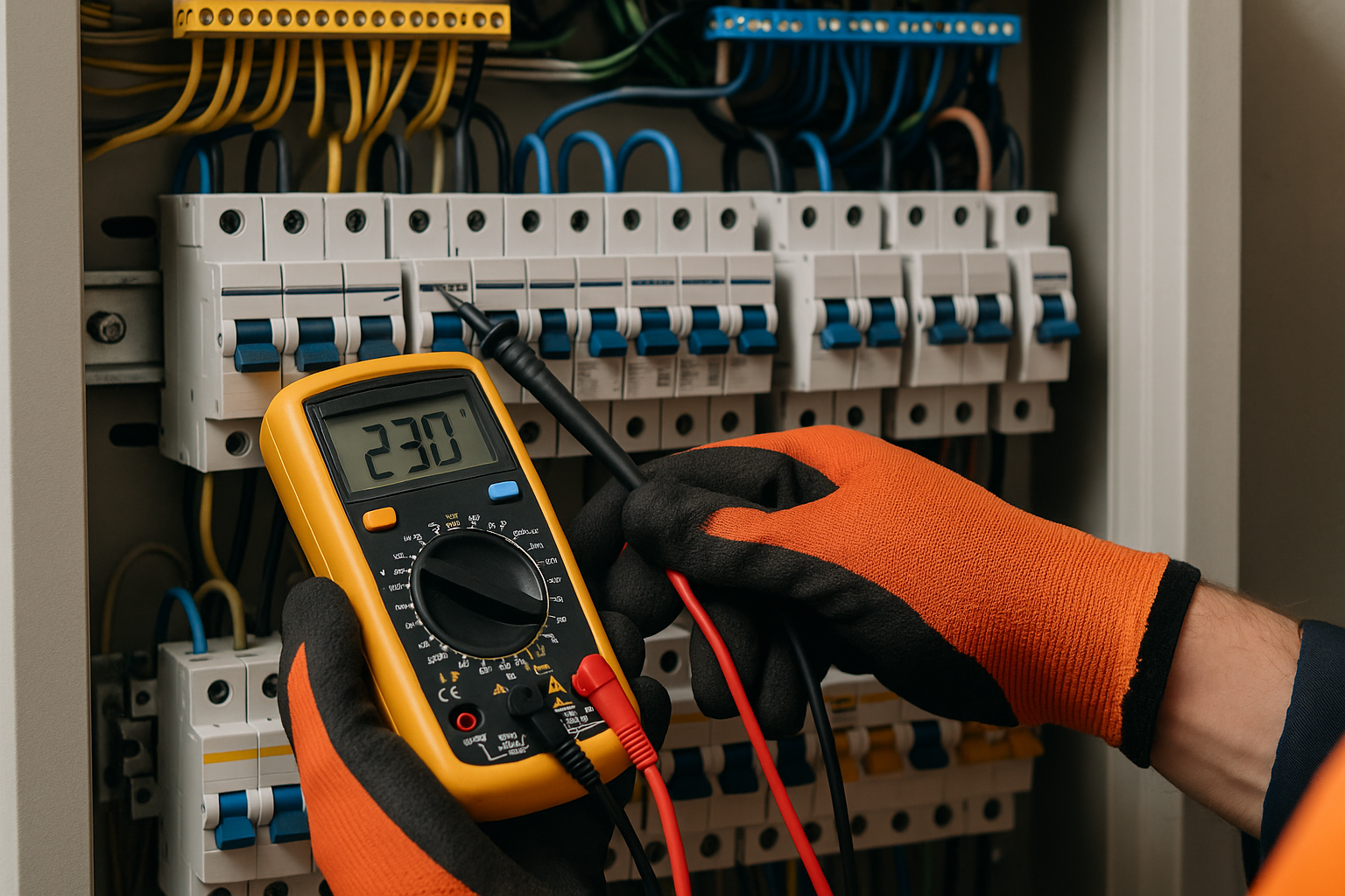 Un électricien utilise un multimètre numérique pour tester un boîtier électrique.