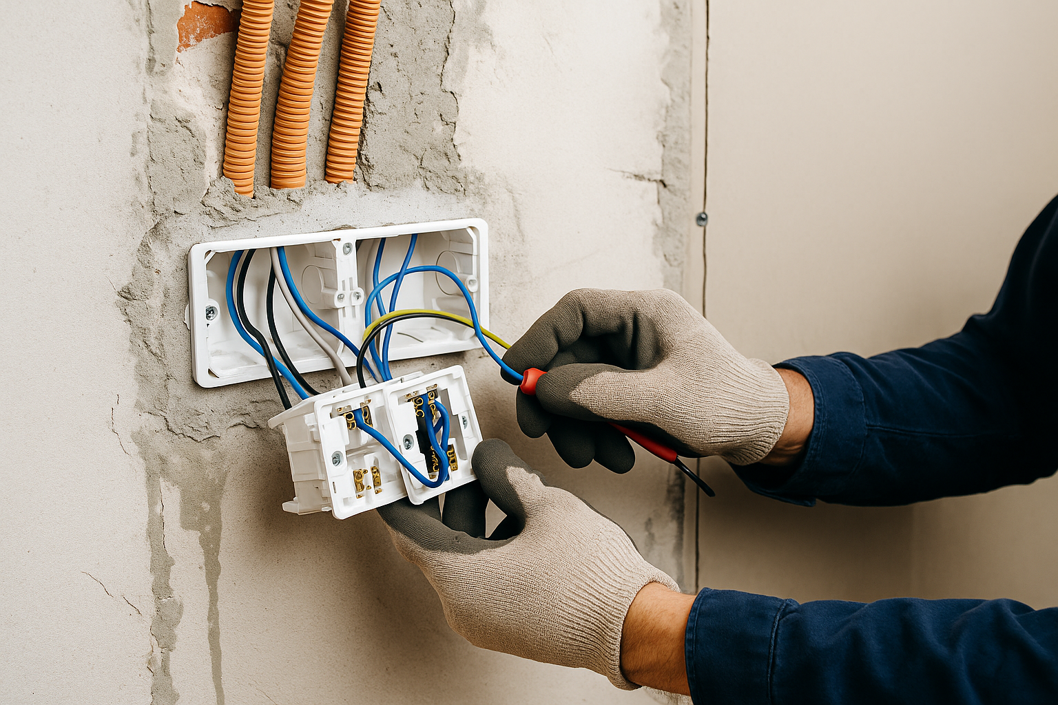 Un électricien travaille sur un boîtier électrique sur un mur.