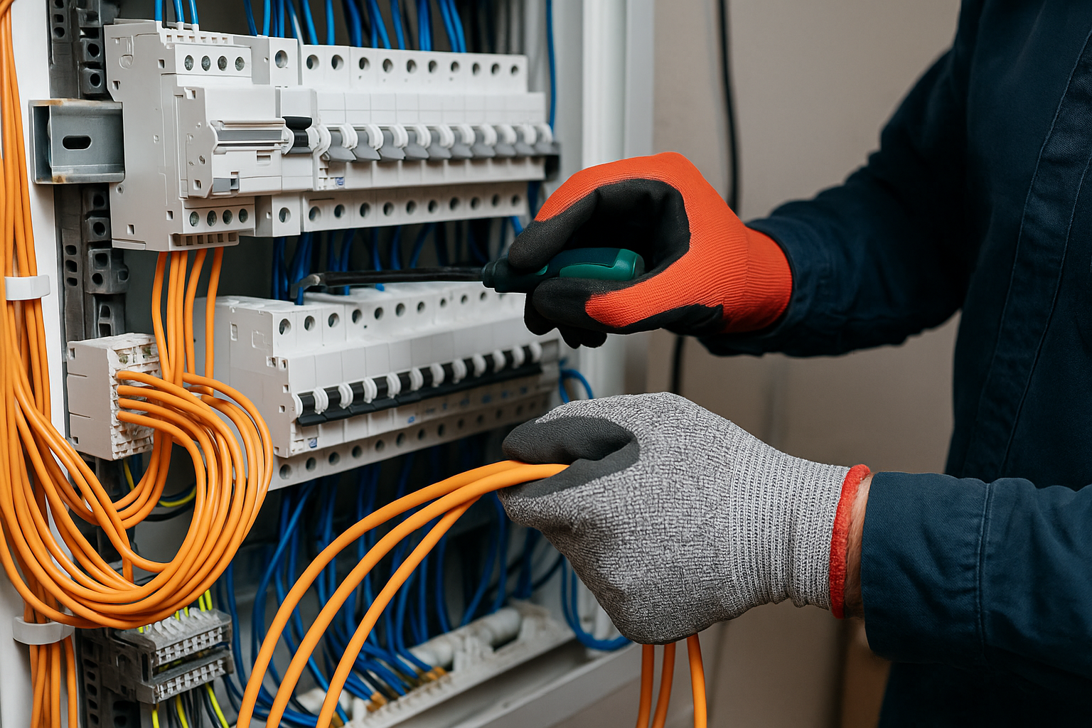 Un électricien travaille sur un boîtier électrique avec un tournevis.