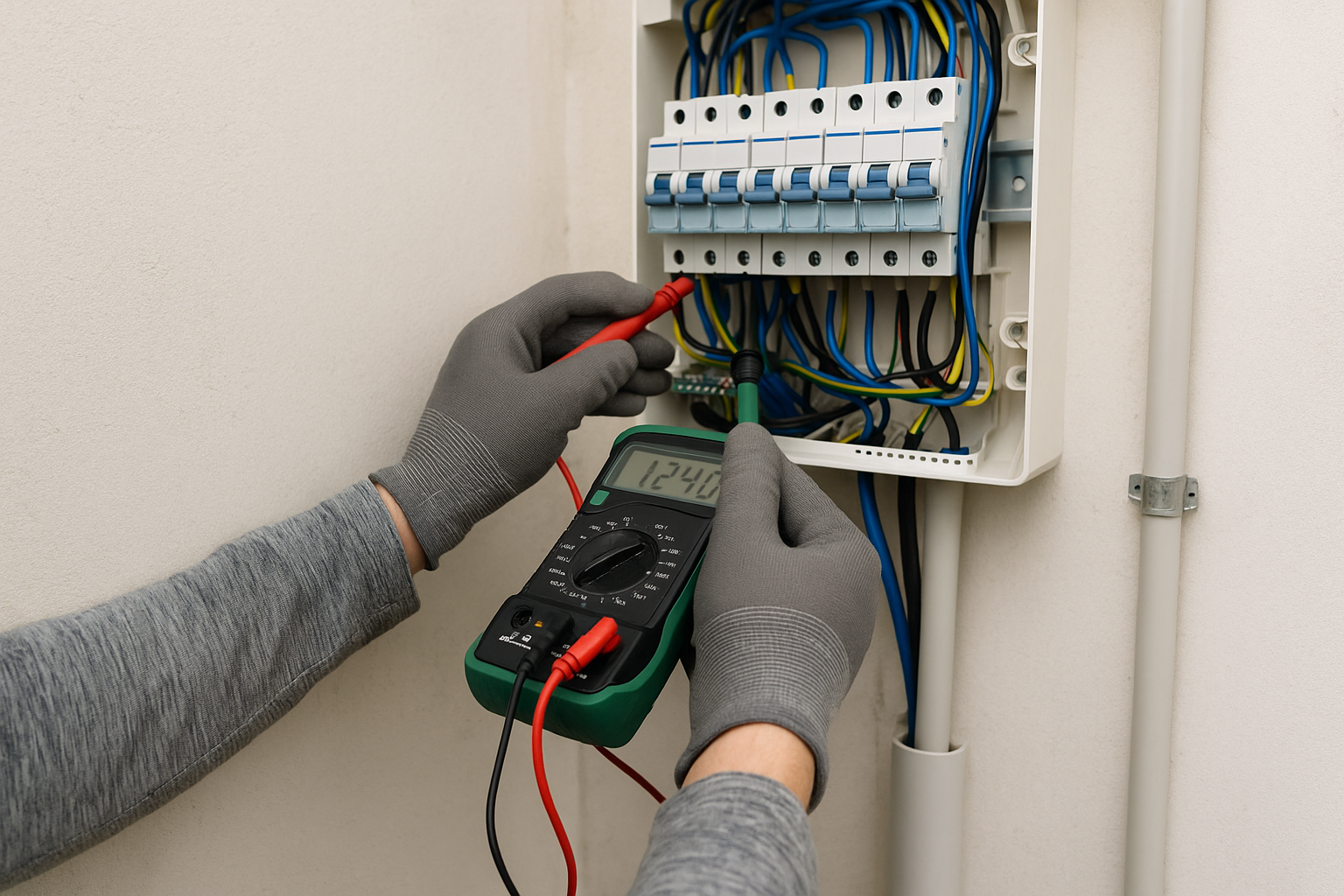 Une personne utilise un multimètre pour tester un boîtier électrique.