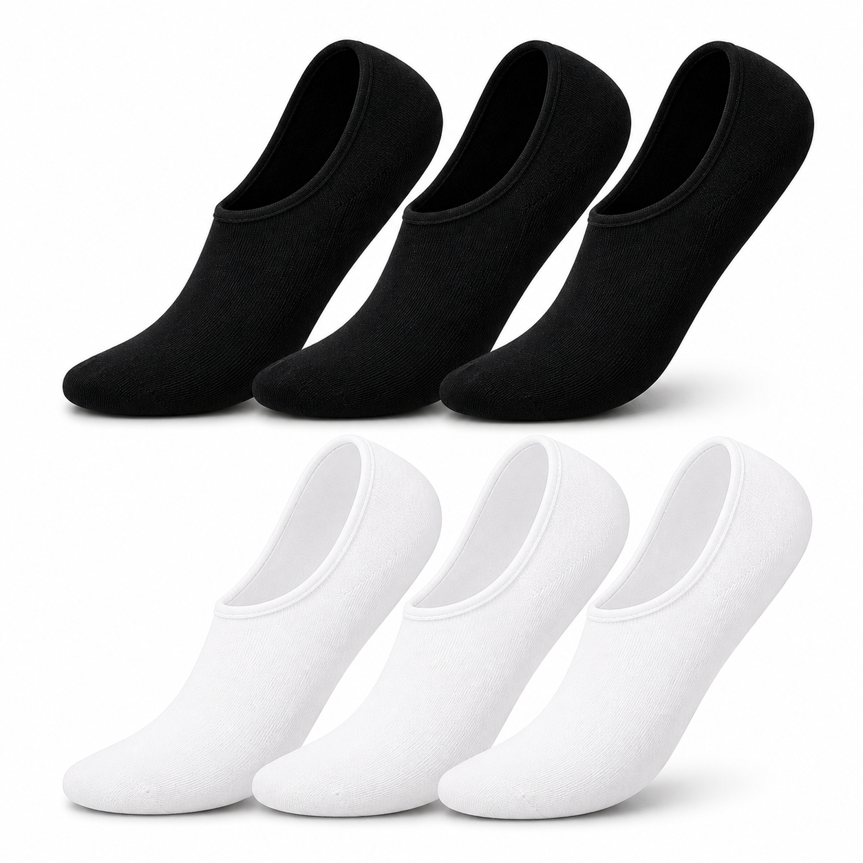 Pack de seis calcetines transpirables y antideslizantes en blanco y negro. Detalles: silicona, algodón, elastano e instrucciones de lavado.