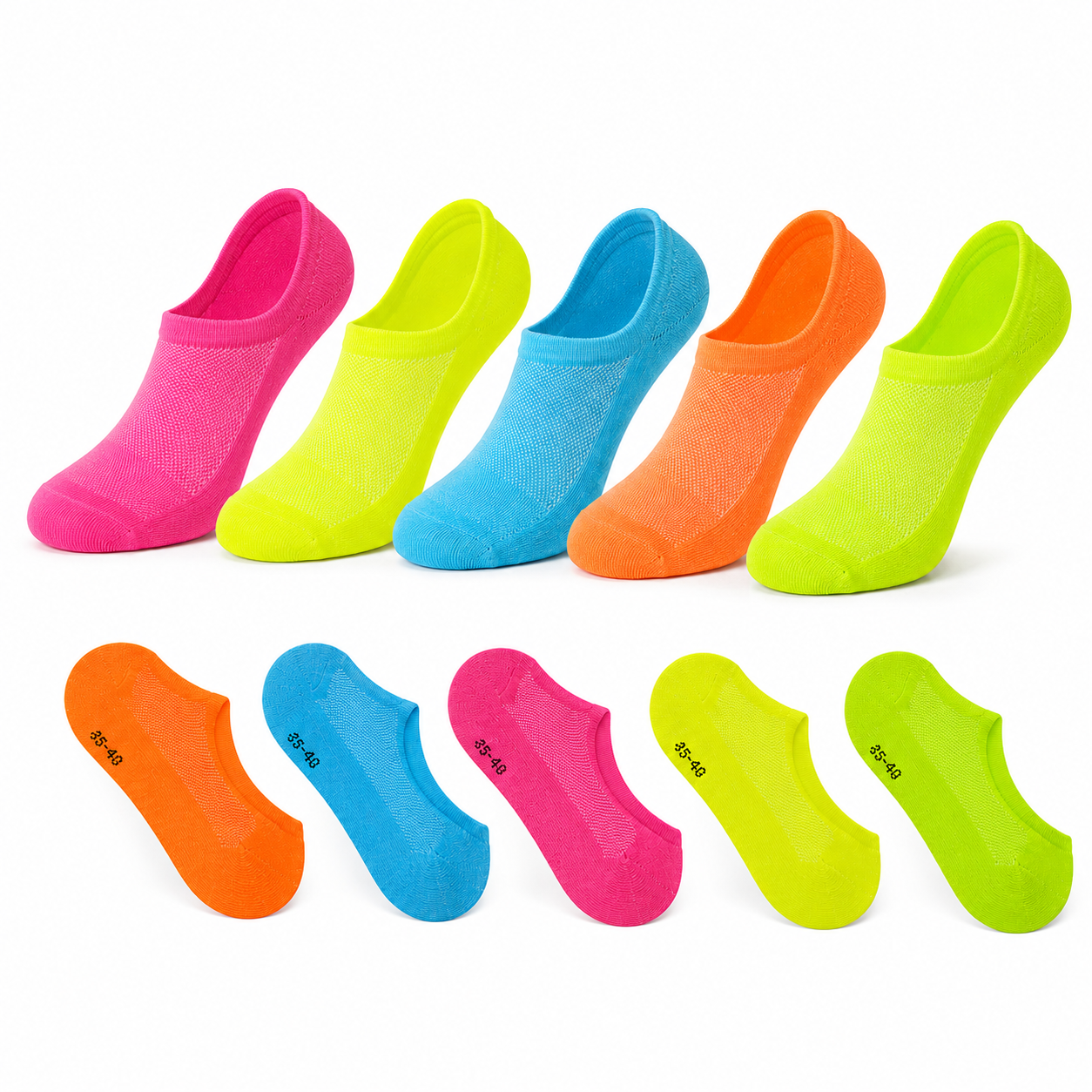 Seis pares de calcetines invisibles de colores brillantes: naranja, azul, rosa y amarillo. La fila inferior muestra imágenes individuales de cada calcetín.
