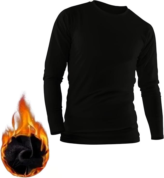 Camisa térmica negra de manga larga con ilustración de llama que muestra un suave forro polar.