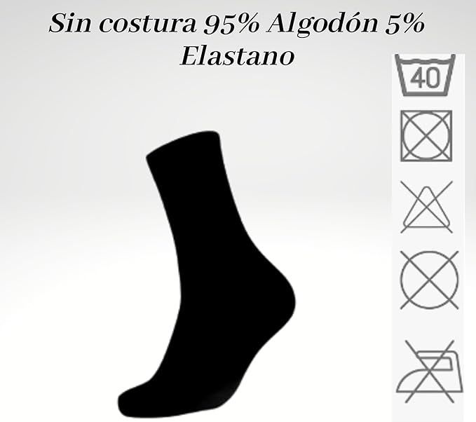 Calcetín negro con instrucciones de cuidado, 95% algodón, 5% elastano.
