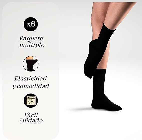Par de calcetines negros para las piernas. Junto a ellos: texto e iconos para un paquete de seis, elasticidad y fácil cuidado.