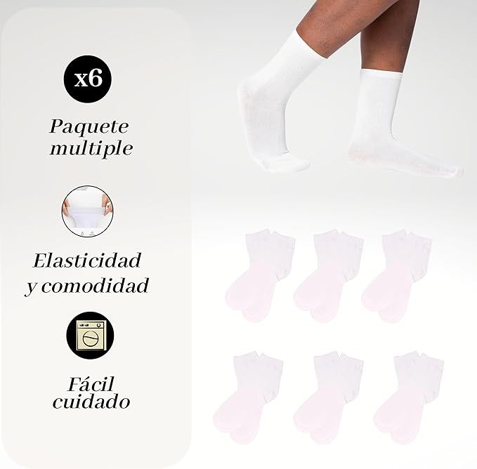 Calcetines blancos en paquete de seis. Notas de texto: paquete múltiple, elasticidad/comodidad y fácil cuidado.