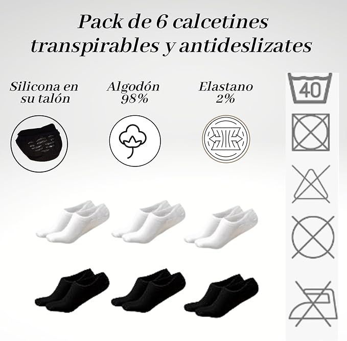 Pack de seis calcetines transpirables y antideslizantes en blanco y negro. Detalles: silicona, algodón, elastano e instrucciones de lavado.