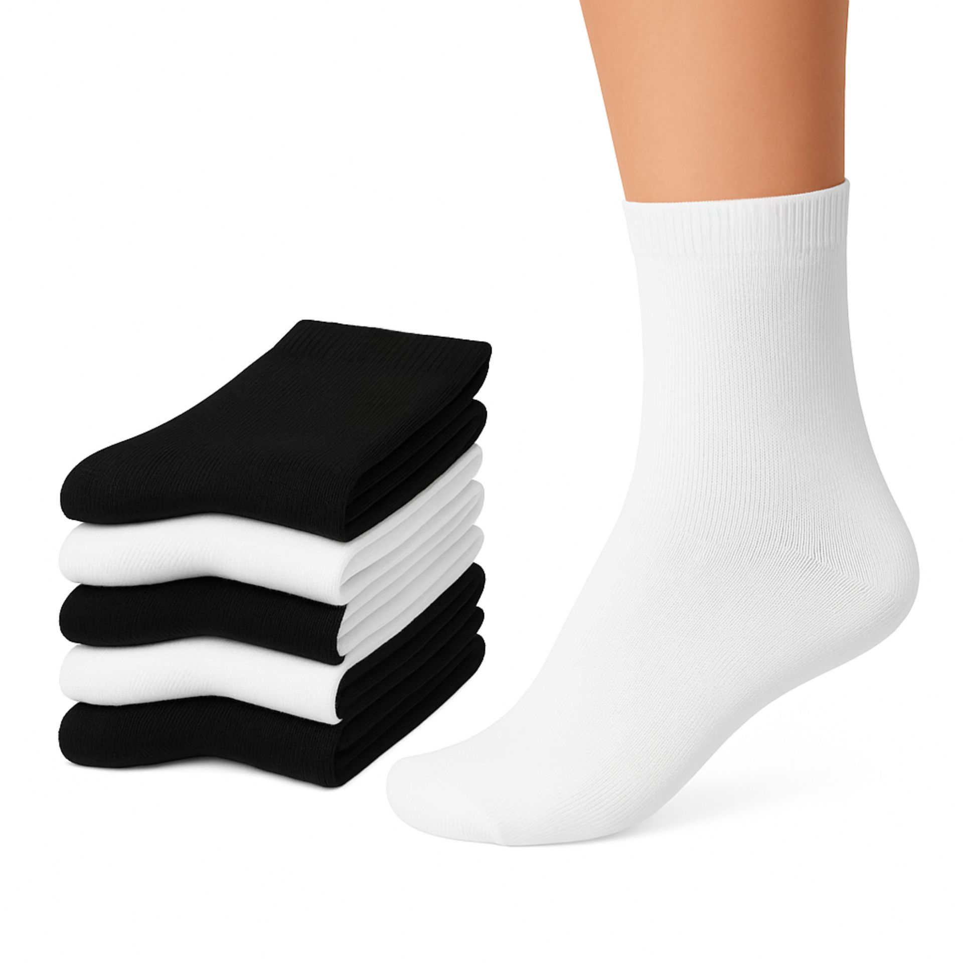 Dos pares de piernas con calcetines blancos y negros, con conjuntos a juego que se muestran a continuación.