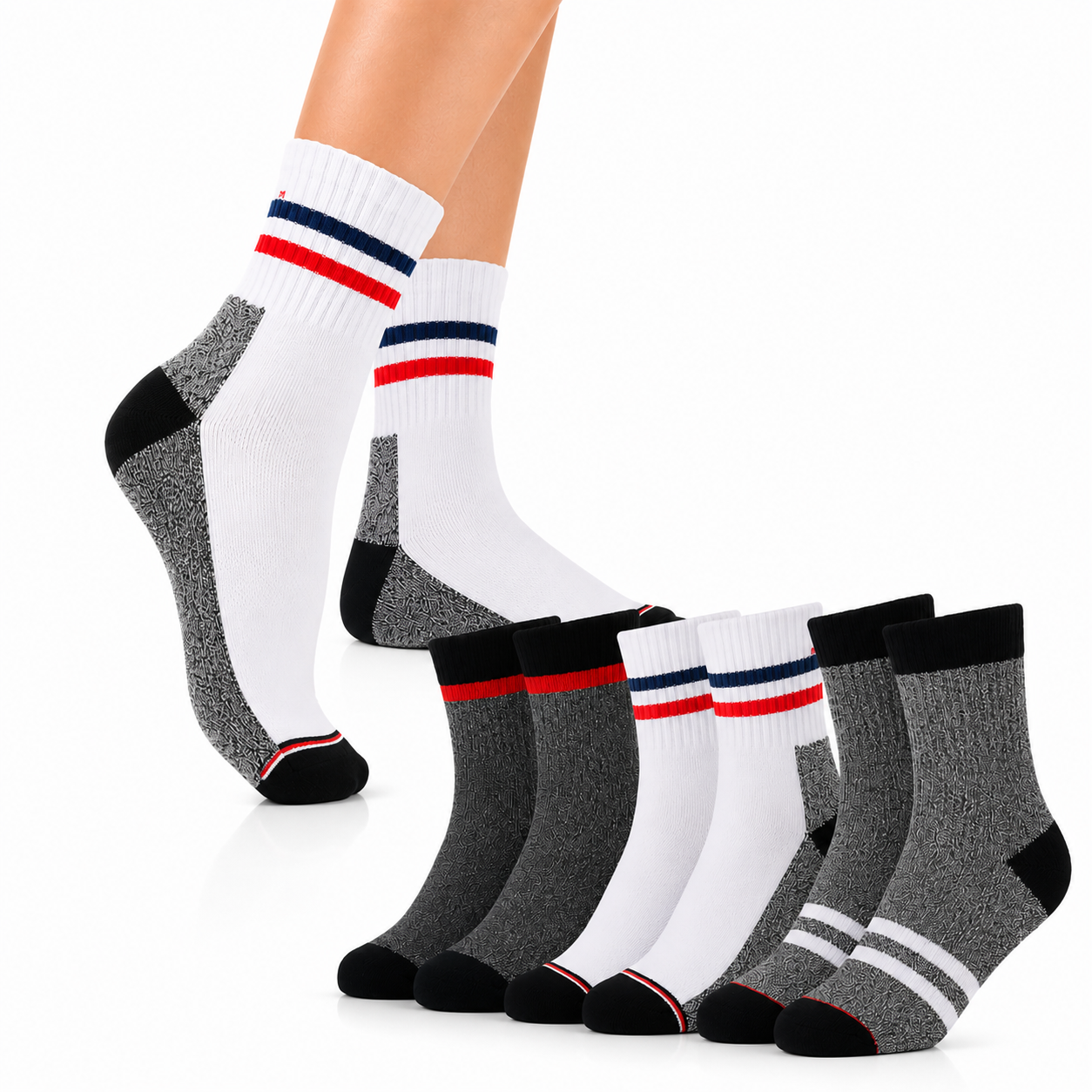 Seis pares de calcetines deportivos: dos pares de cada uno de los siguientes colores: negro, blanco y gris, con rayas y punteras y talones en contraste.