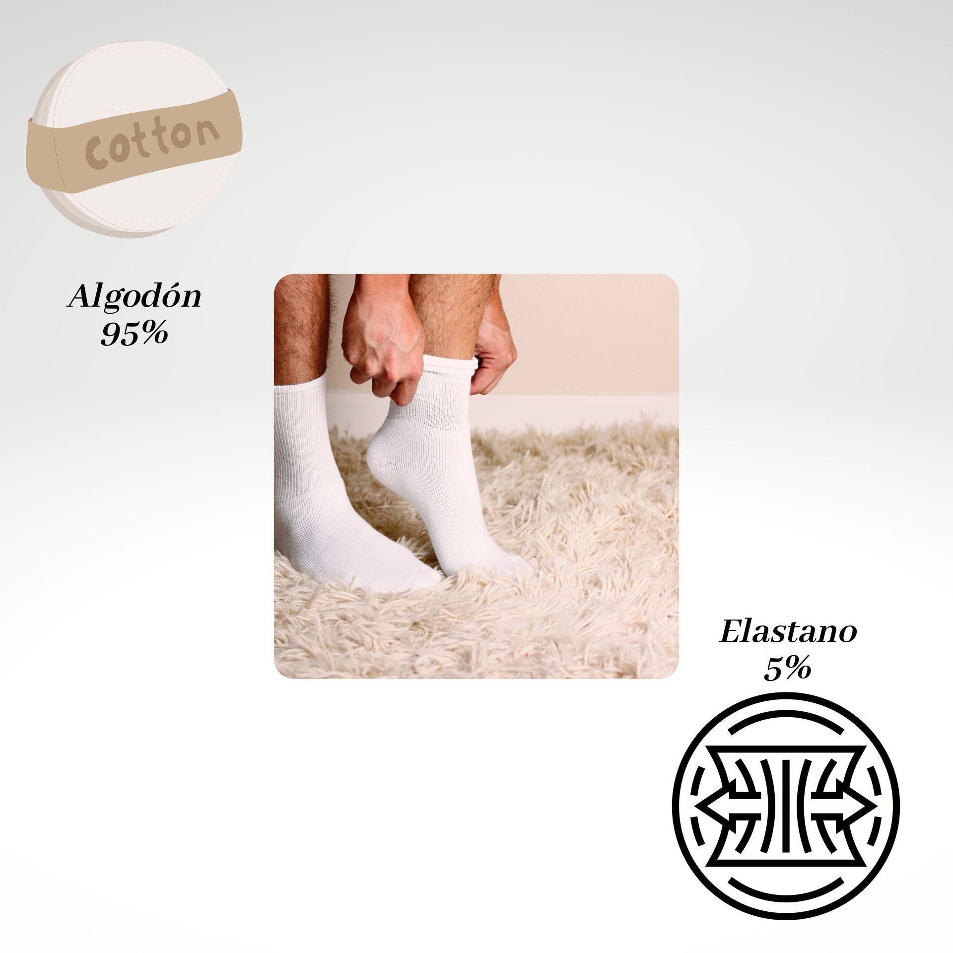 Calcetines blancos en paquete de seis. Notas de texto: paquete múltiple, elasticidad/comodidad y fácil cuidado.