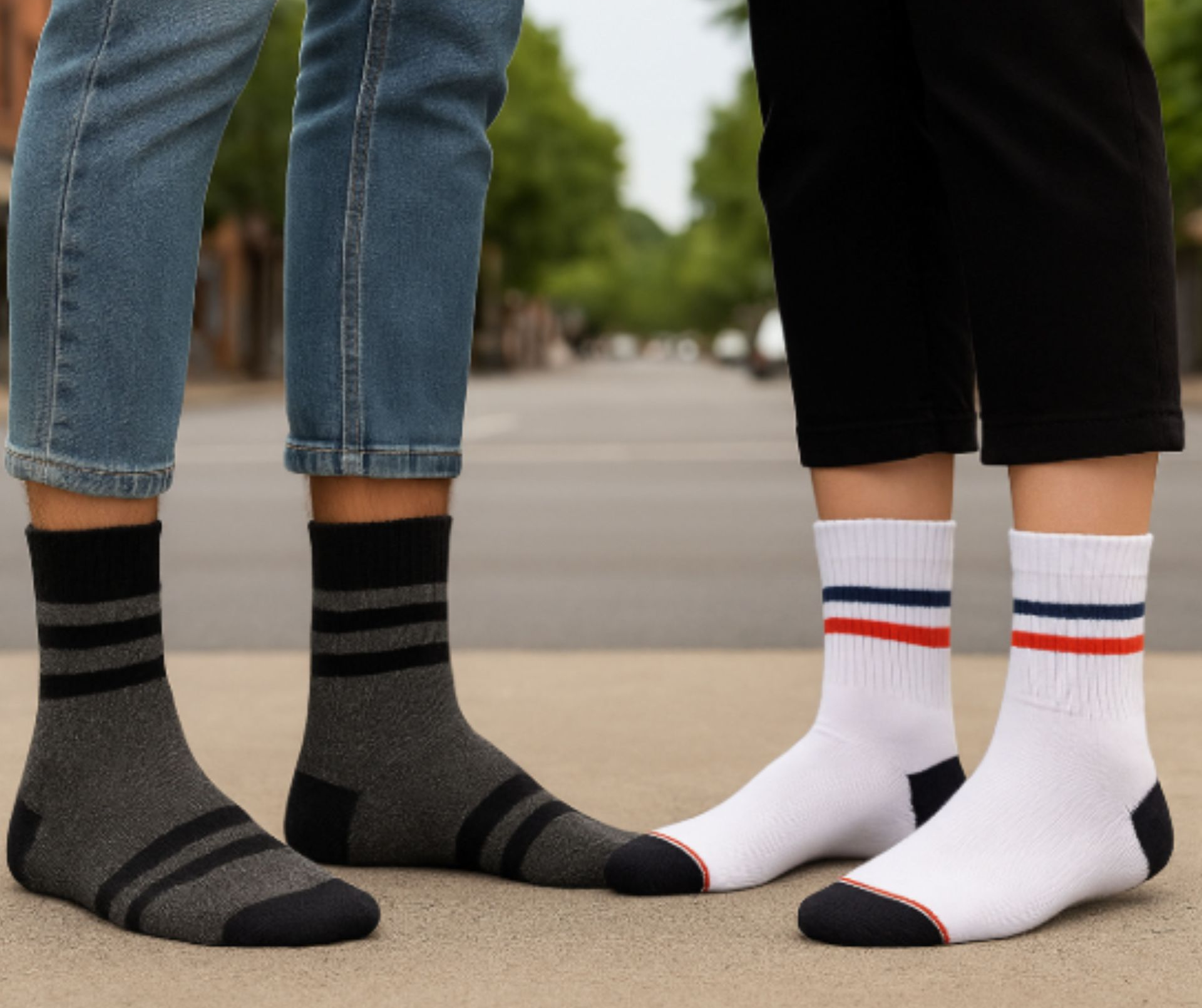 Dos pares de piernas con calcetines rayados de pie sobre una acera.