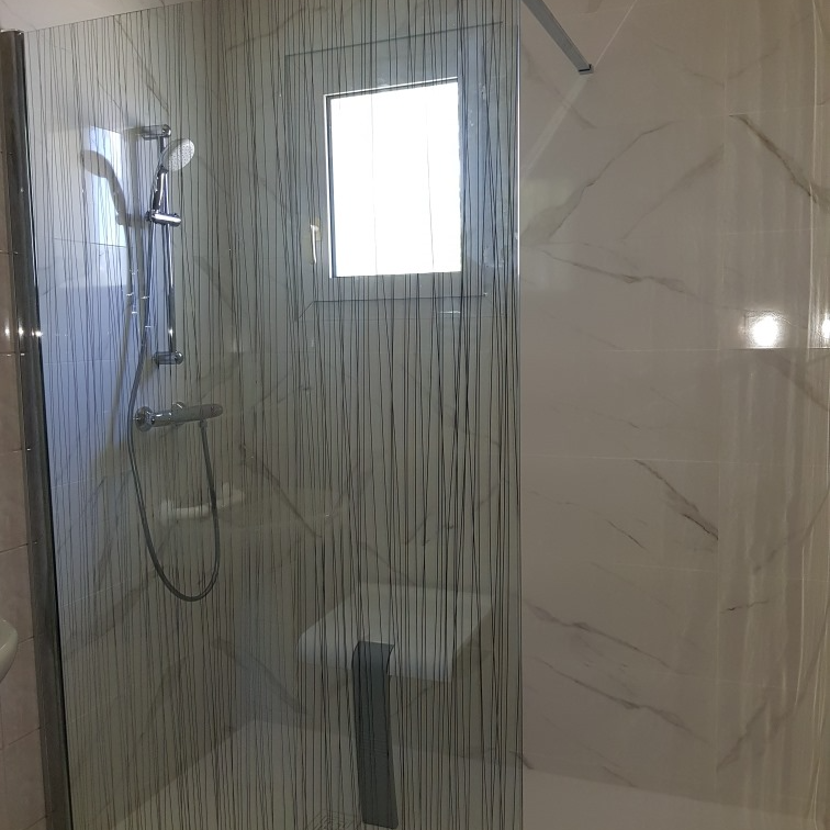 Douche avec paroi décorée