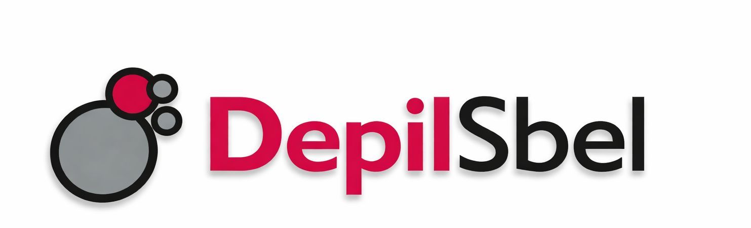Logotipo de DepilSbel, con un círculo gris y círculos rojos a la izquierda, y el nombre en texto rojo y negro.