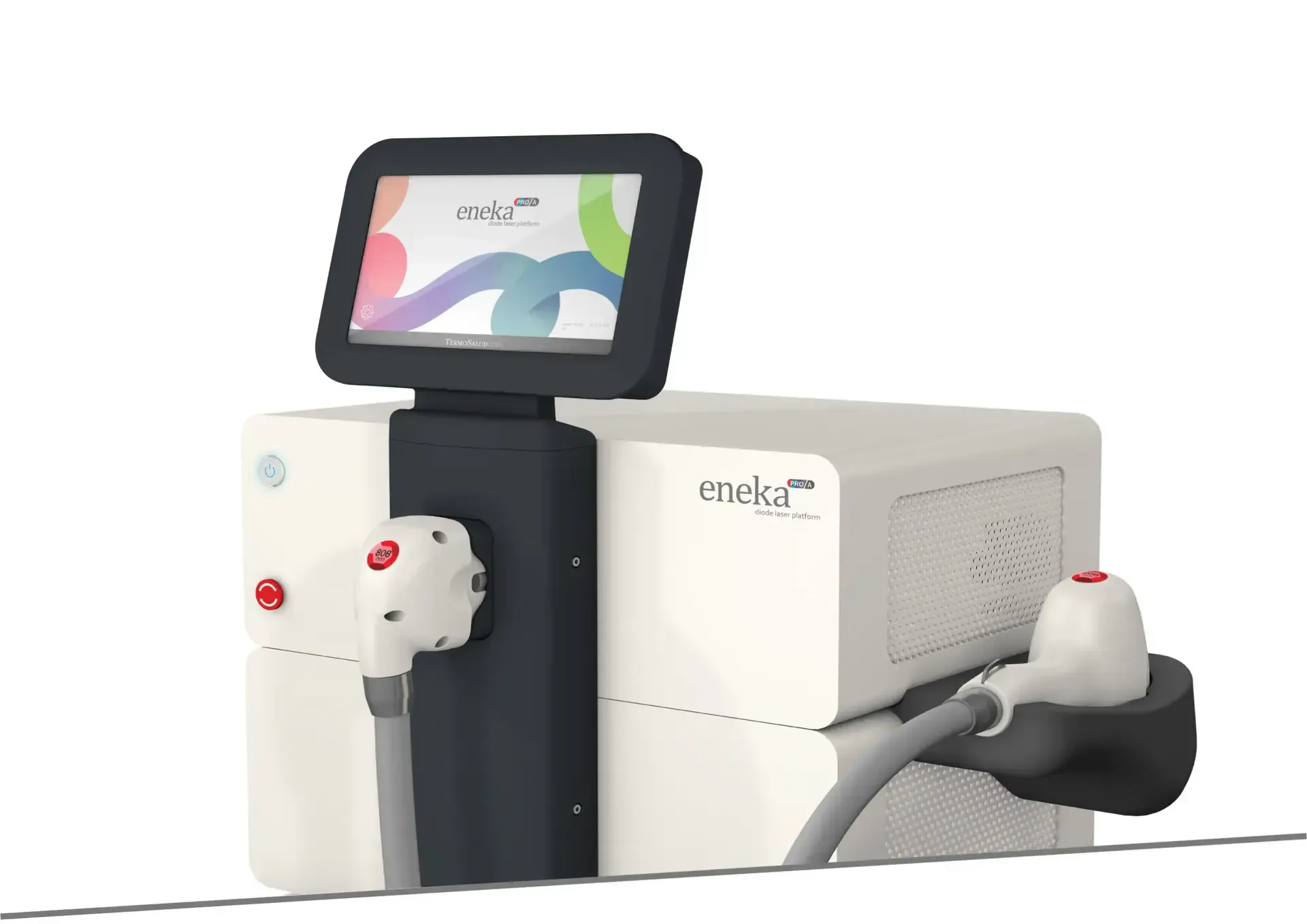Dispositivo médico con pantalla táctil y dos piezas de mano. Blanco y negro, con un logotipo colorido en la pantalla.