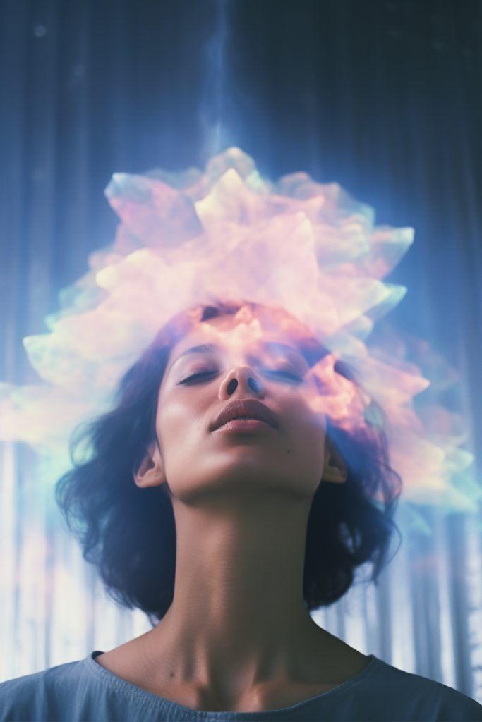 A portrait of a person with a serene expression, surrounded by a glowing, ethereal, multicolored cloud above their head.