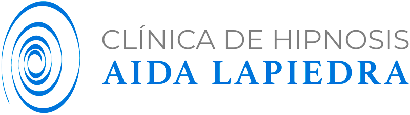 Logo for "Clínica de Hipnosis Aida Lapiedra" with a blue spiral icon.