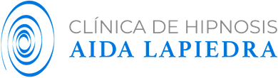 Logo for "Clínica de Hipnosis Aida Lapiedra" with a blue spiral icon.