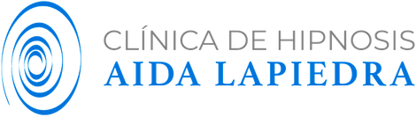 Logo for "Clínica de Hipnosis Aida Lapiedra" with a blue spiral icon.