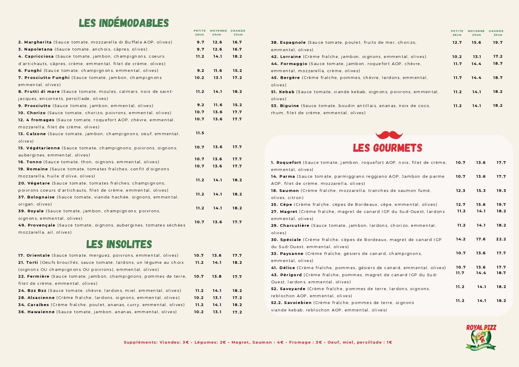 Carte présentant les menus de la pizzeria avec le logo de l'enseigne et énumérant les boissons et les desserts