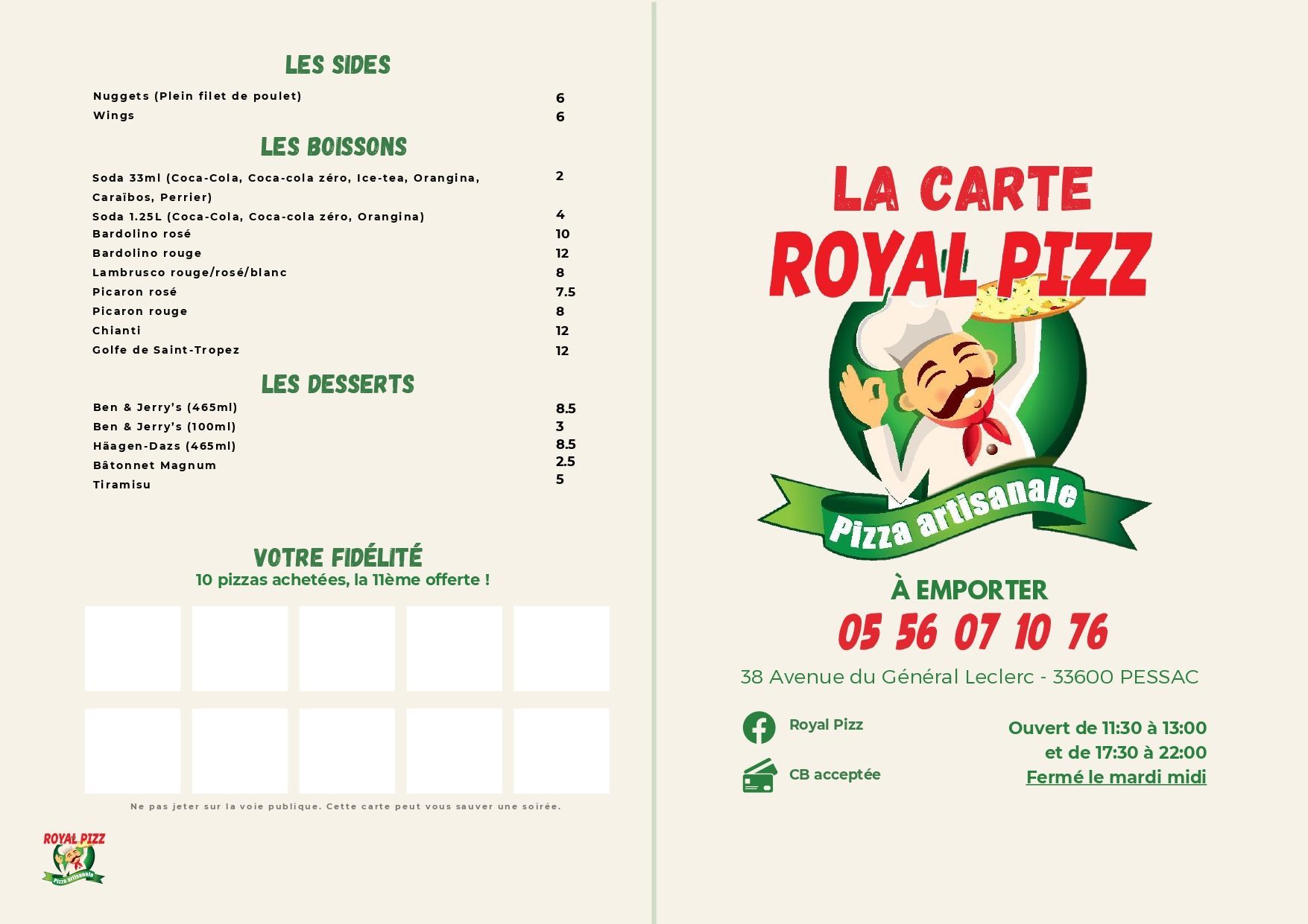 Carte présentant les menus de la pizzeria, avec les indémodables, les insolites et les gourmets