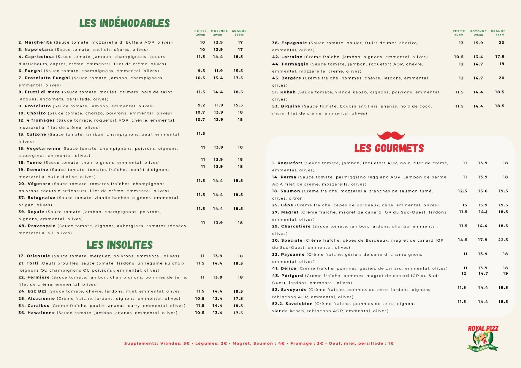 Carte présentant les menus de la pizzeria avec le logo de l'enseigne et énumérant les boissons et les desserts