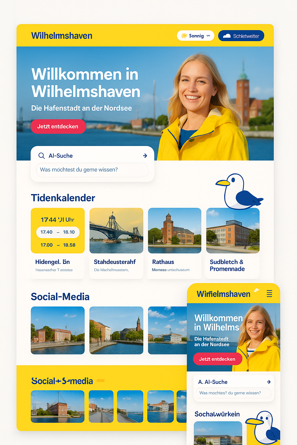Auf einer Website steht eine Frau in einer gelben Jacke neben einer Ente.