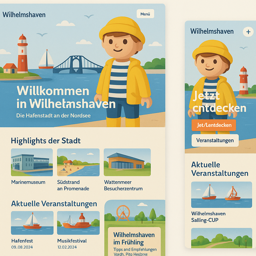 Eine Karikatur eines Jungen in einem gelben Regenmantel mit einem Leuchtturm im Hintergrund