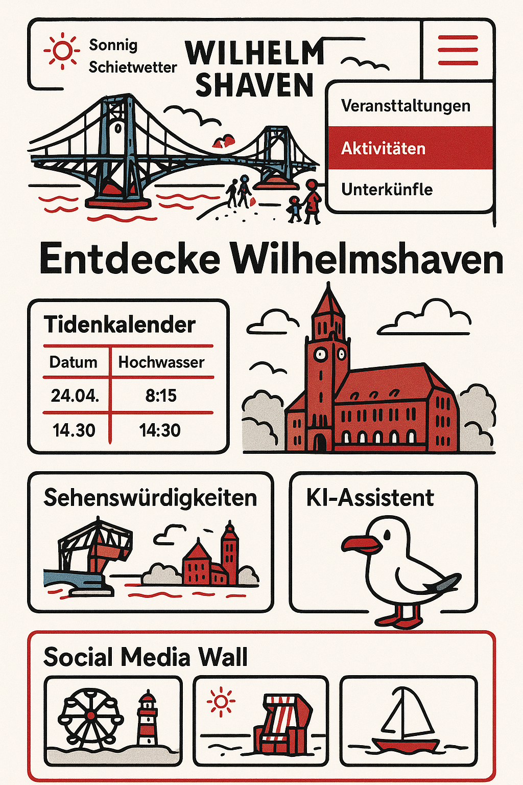 Ein Poster mit einer Möwe und einer Brücke darauf.