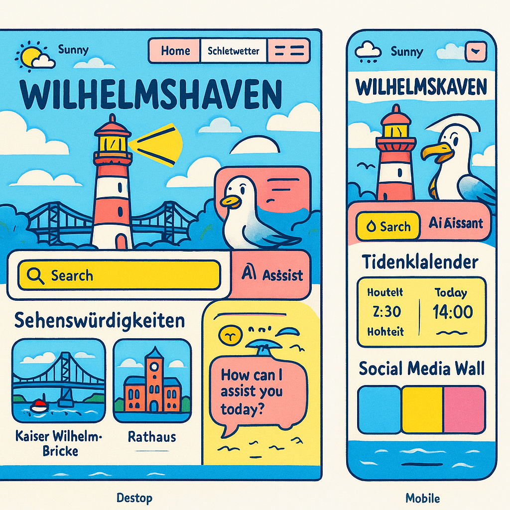 Eine Cartoonillustration eines Leuchtturms und einer Möwe.