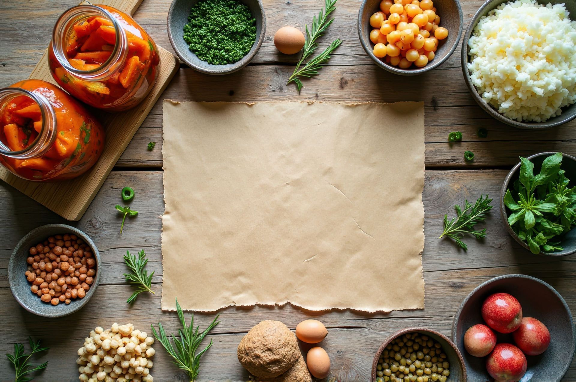 Papel marrón rodeado de ingredientes como zanahorias, hierbas, garbanzos y huevos sobre una mesa de madera.