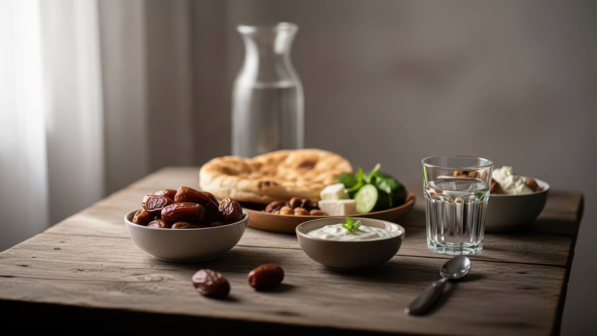 Mesa puesta con dátiles, pan, yogur, queso, verduras y agua; luz procedente de una ventana.