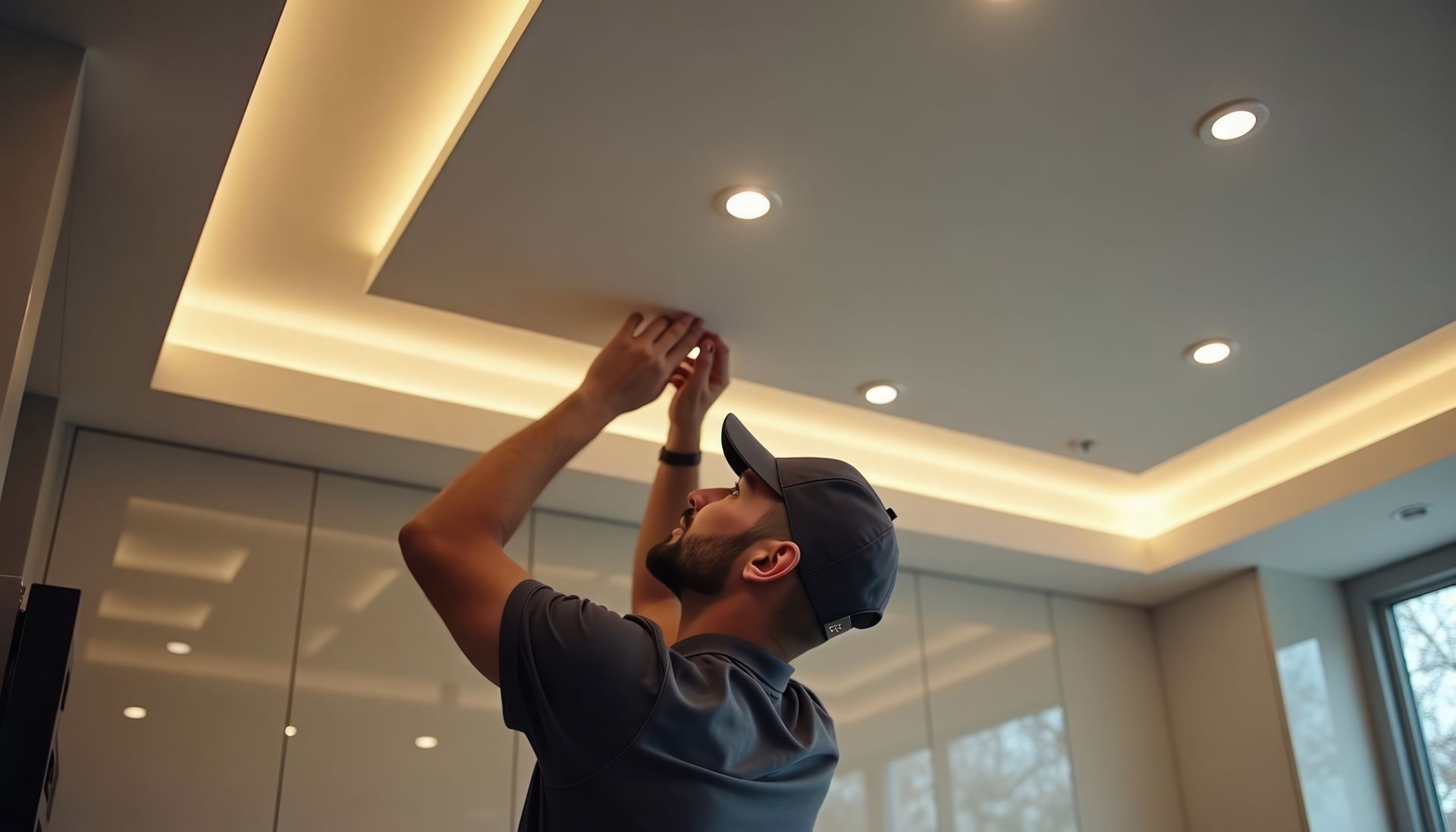 Homme réalisant les finitions d'un faux plafond avec luminaires