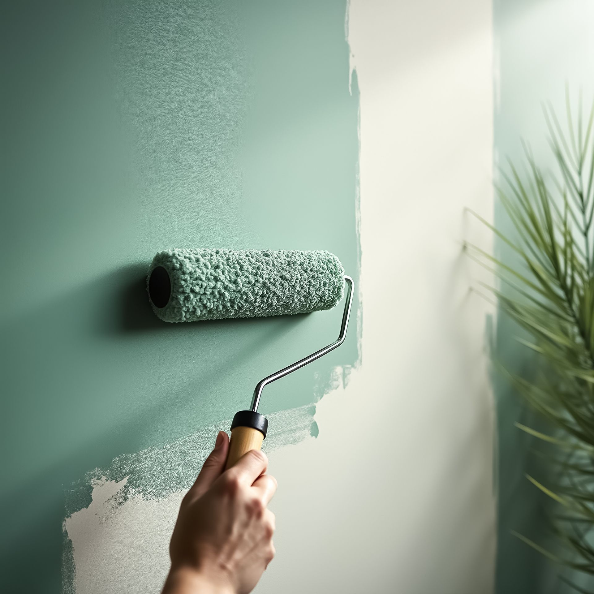 Une main qui applique de la peinture verte sur un mur avec un rouleau