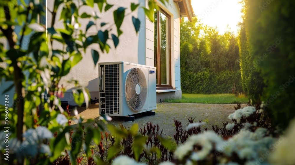Unité de pompe à chaleur extérieure installée à côté d'une maison entourée de verdure et baignée de soleil.