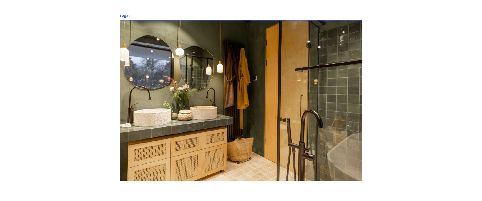 Salle de bains avec double vasque, miroir rond, meuble-lavabo en bois et douche carrelée.